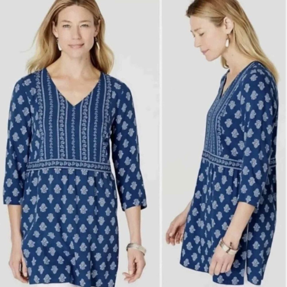 J Jill Women XL Blue Floral Print Woodblock Seaside V-Neck 3/4 Sleeve Tunic EUC